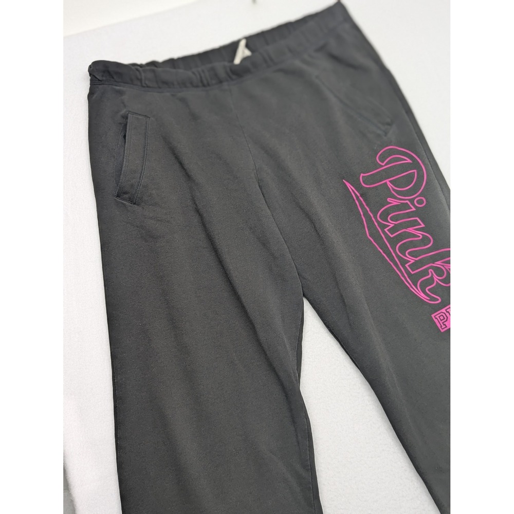 Victoria's Secret PINK Sweatpants Gray Neon Pink Logo Wide Leg Pockets Medium